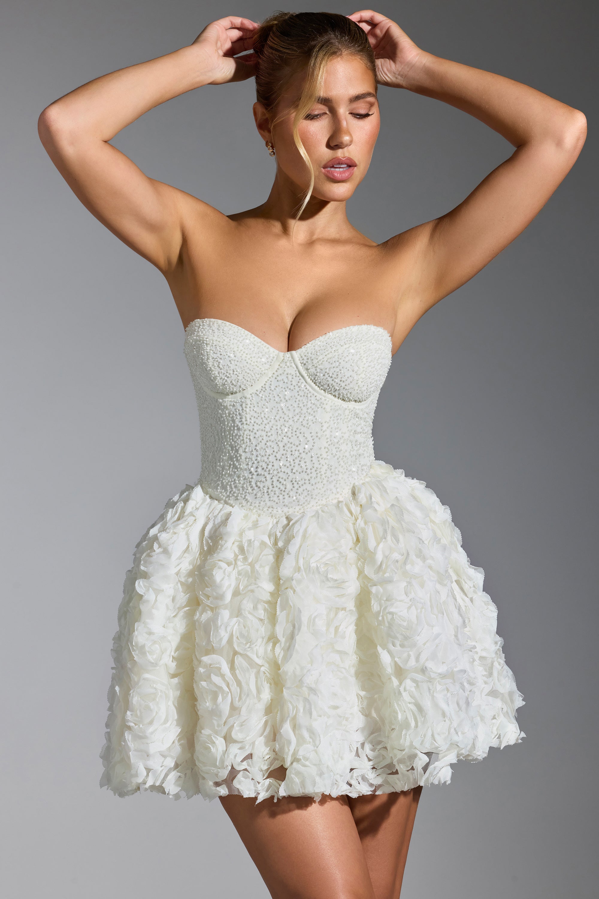 Evanthe-Embellished Floral-Appliqué Lace-Up Mini Dress in White