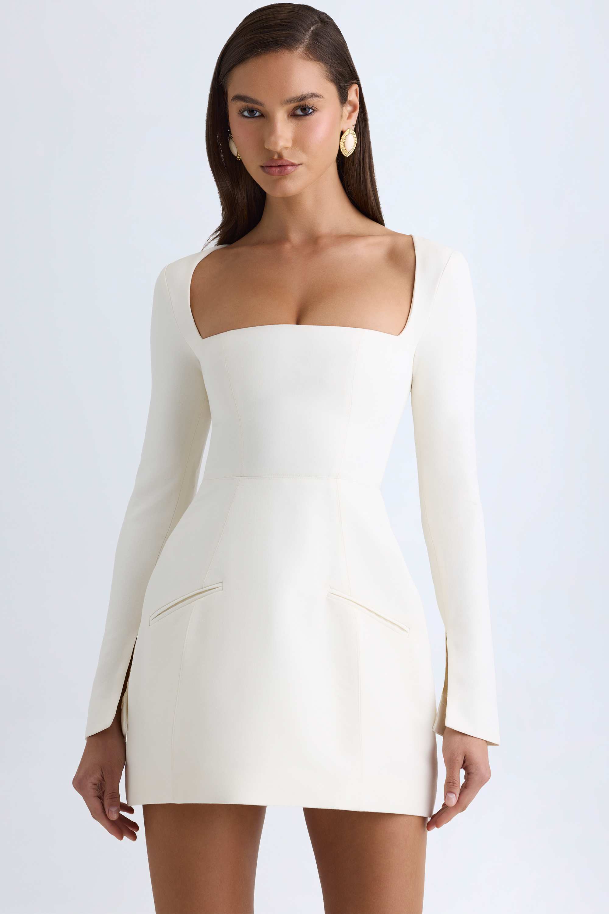 Taesha-Square-Neck Structured Tulip Mini Dress in Vanilla