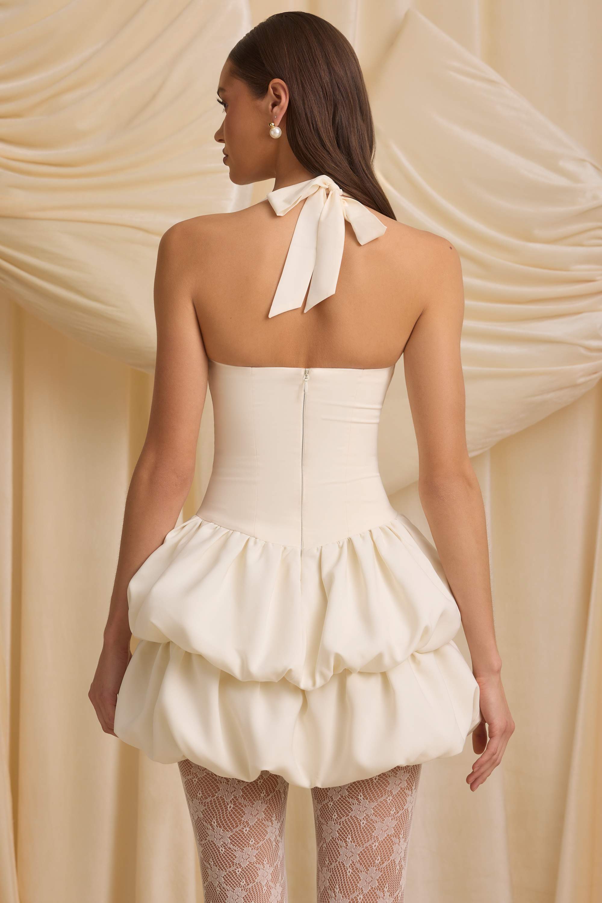 Andri-Halterneck Layered Bubble Hem Corset Mini Dress in Ivory