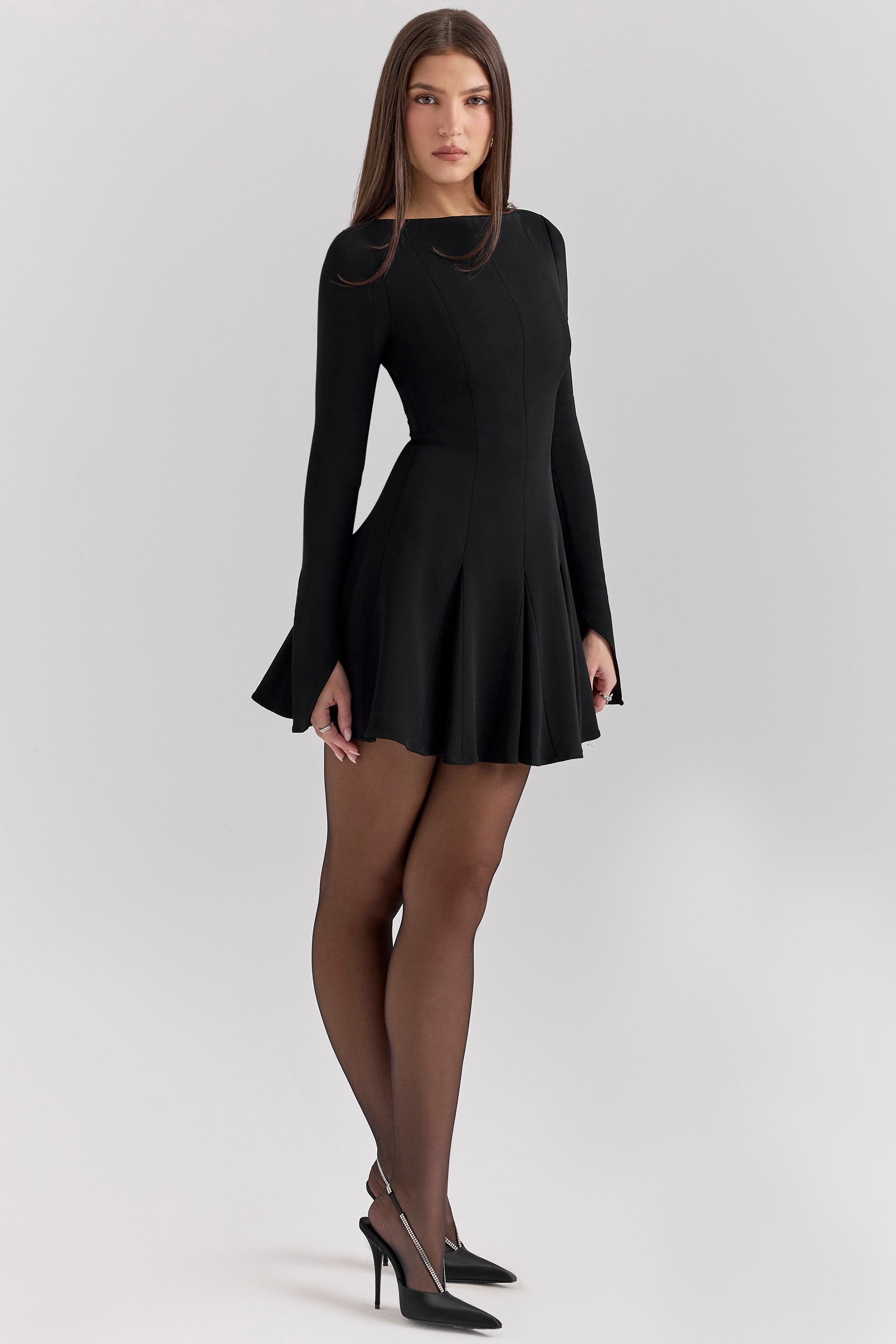 Francesca-Black Stretch Crepe Godet Mini Dress