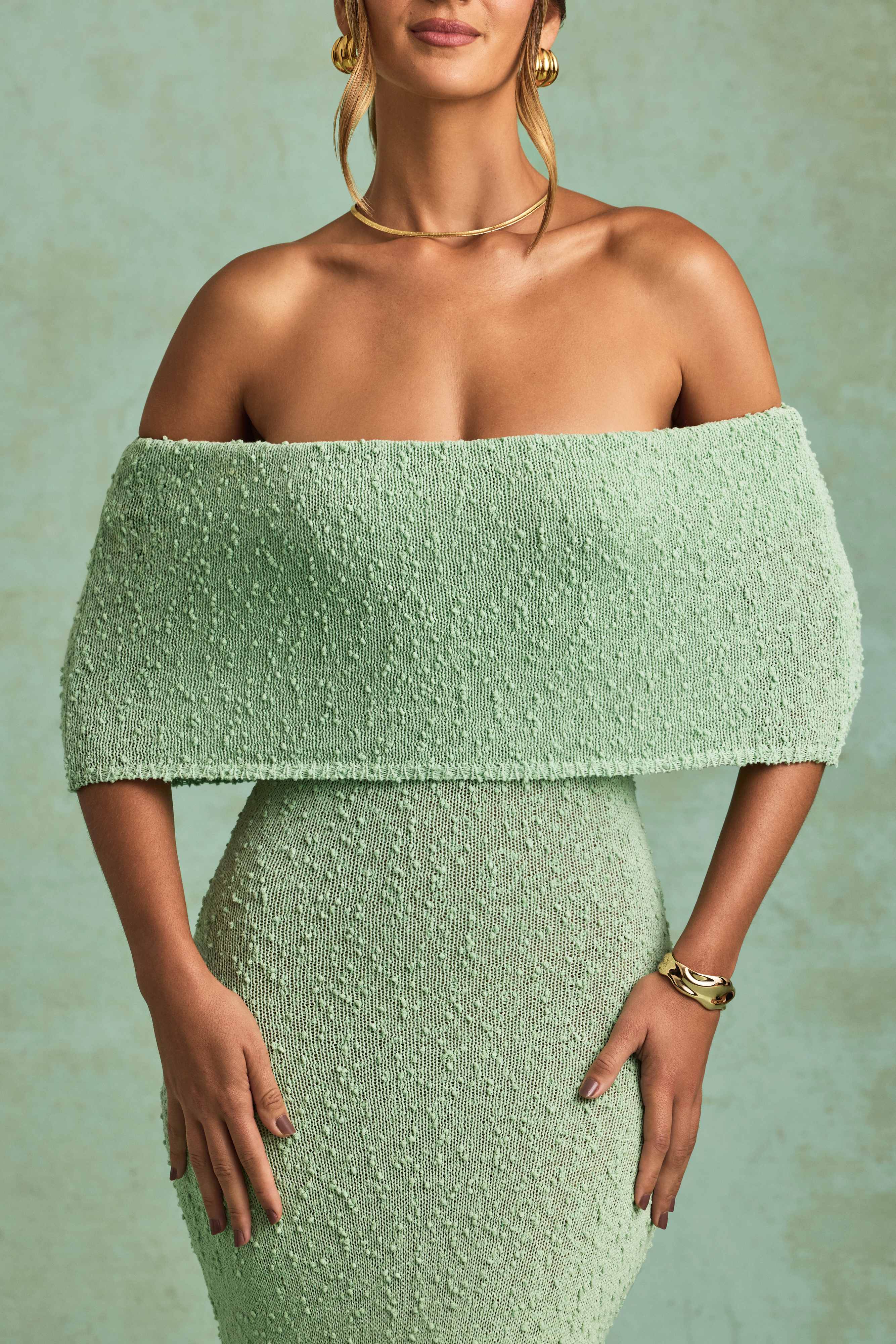 Naia-Bouclé Off-Shoulder Maxi Dress in Mint