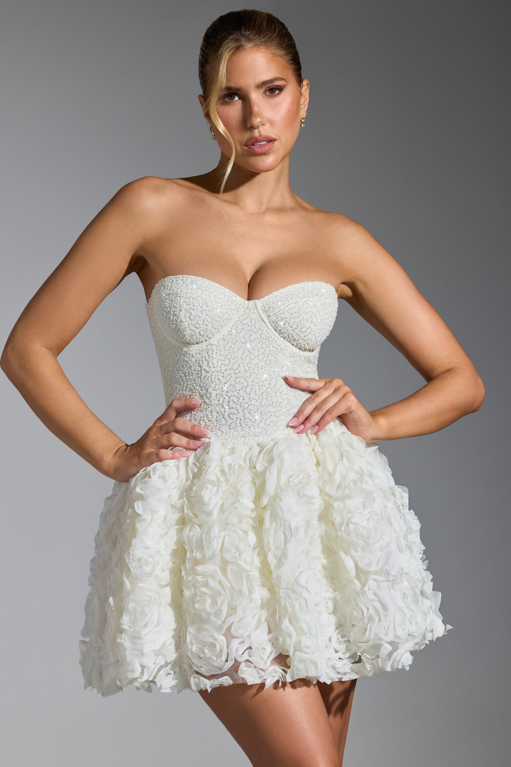 Evanthe-Embellished Floral-Appliqué Lace-Up Mini Dress in White