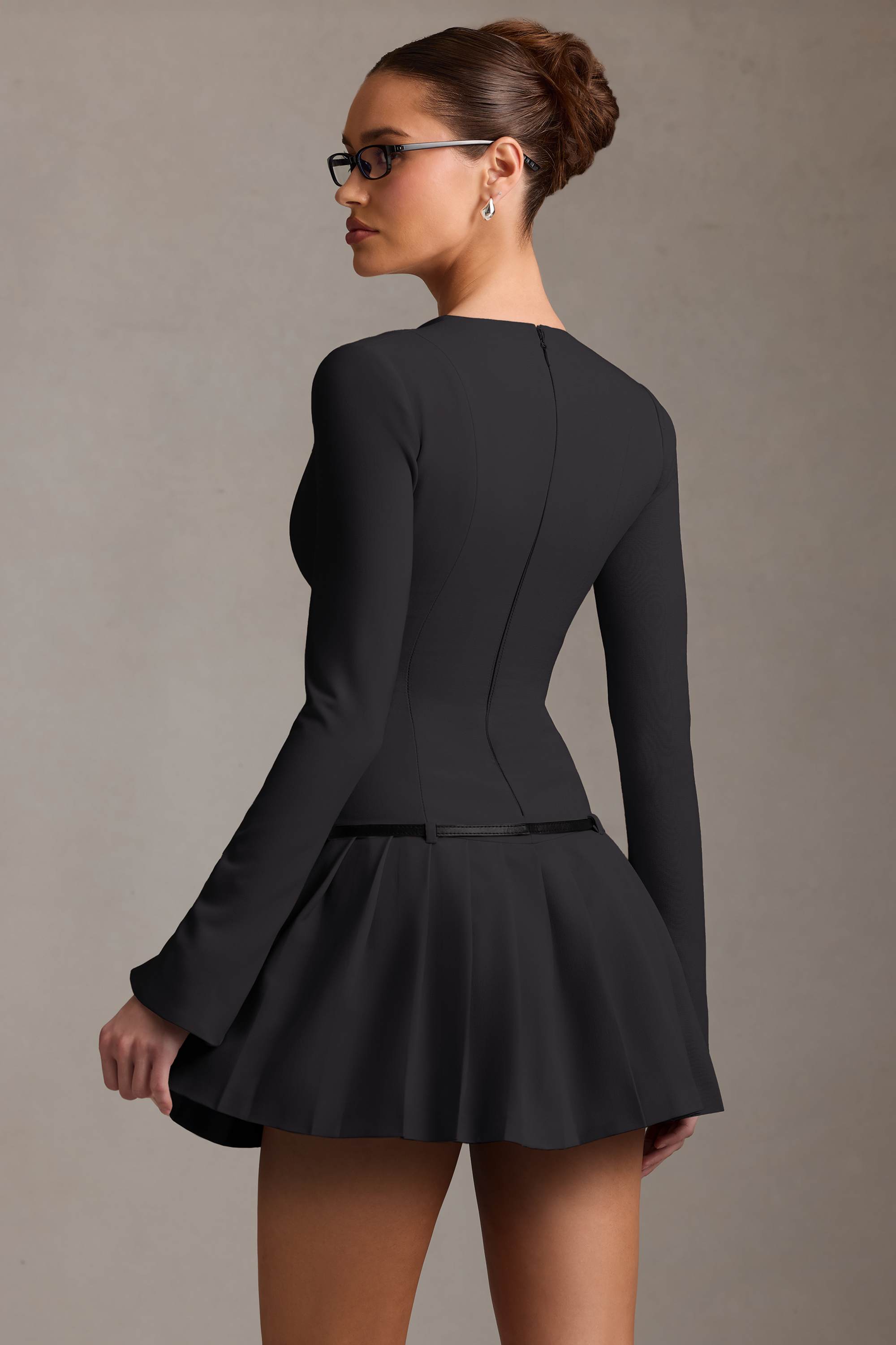 Fiorella-Long-Sleeve Pleated Mini Dress in Black