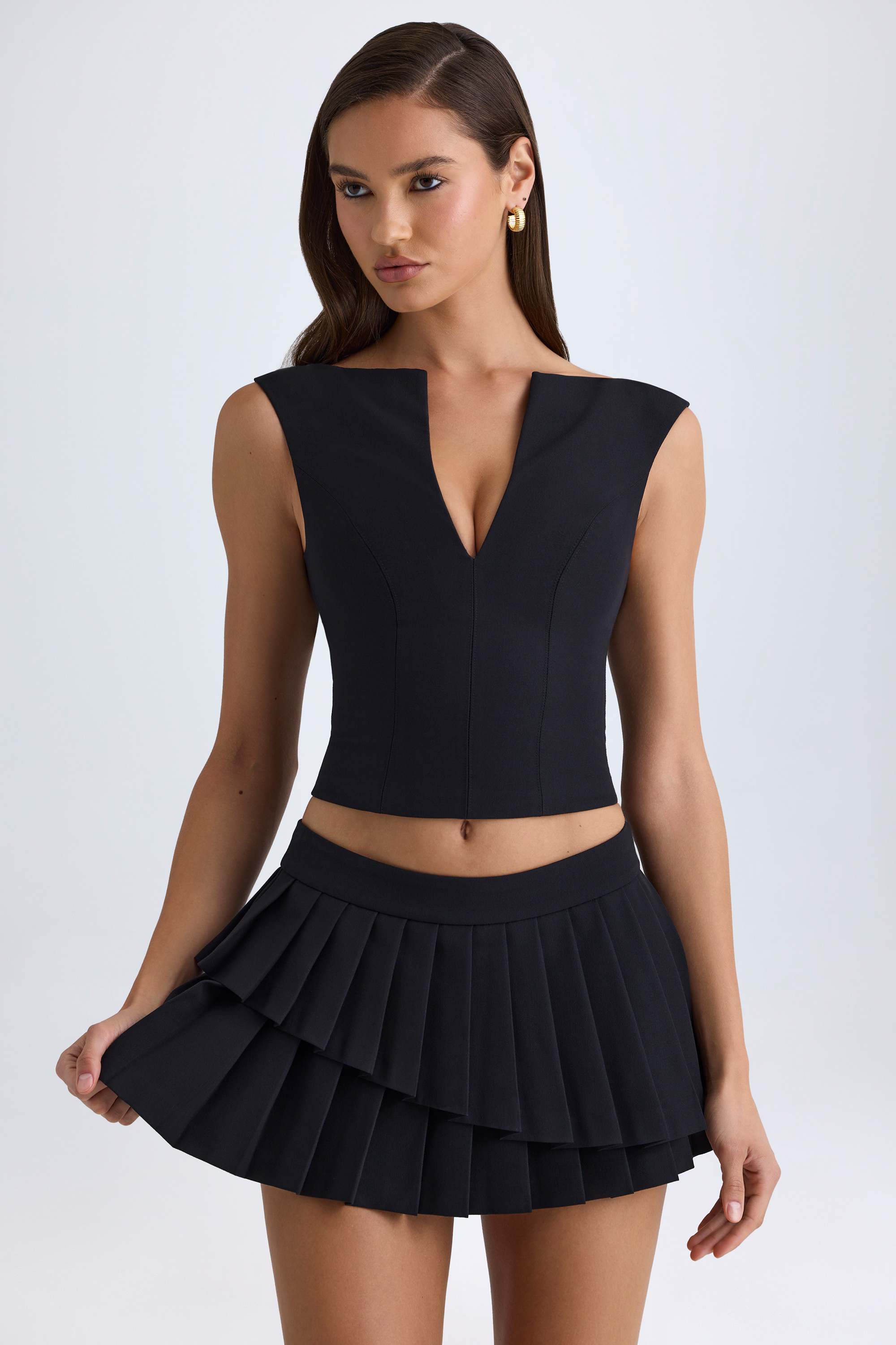 Nada-Layered Pleated Low-Rise Mini Skirt in Black