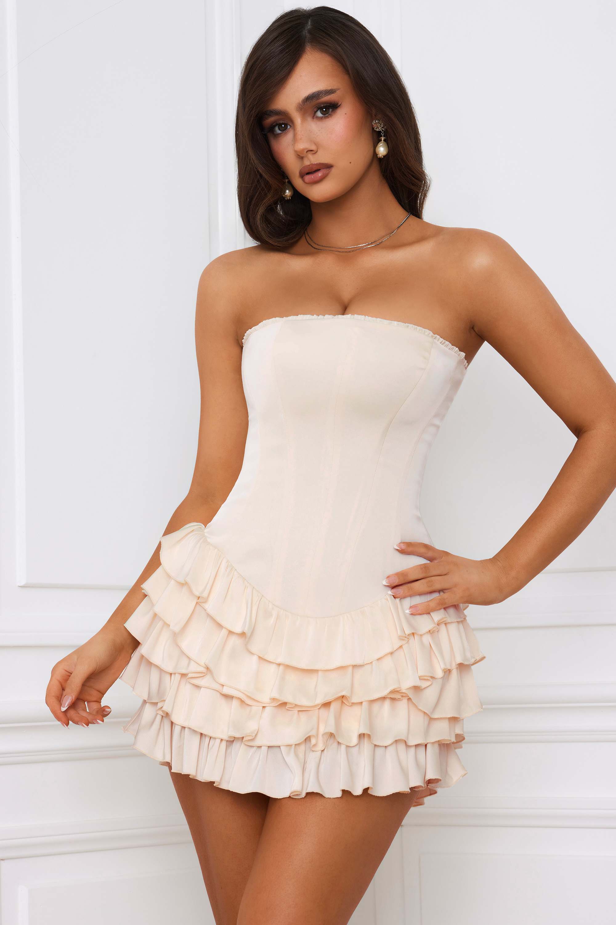 Juliet-Bandeau Ruffled Tiered Corset Mini Dress in Ivory