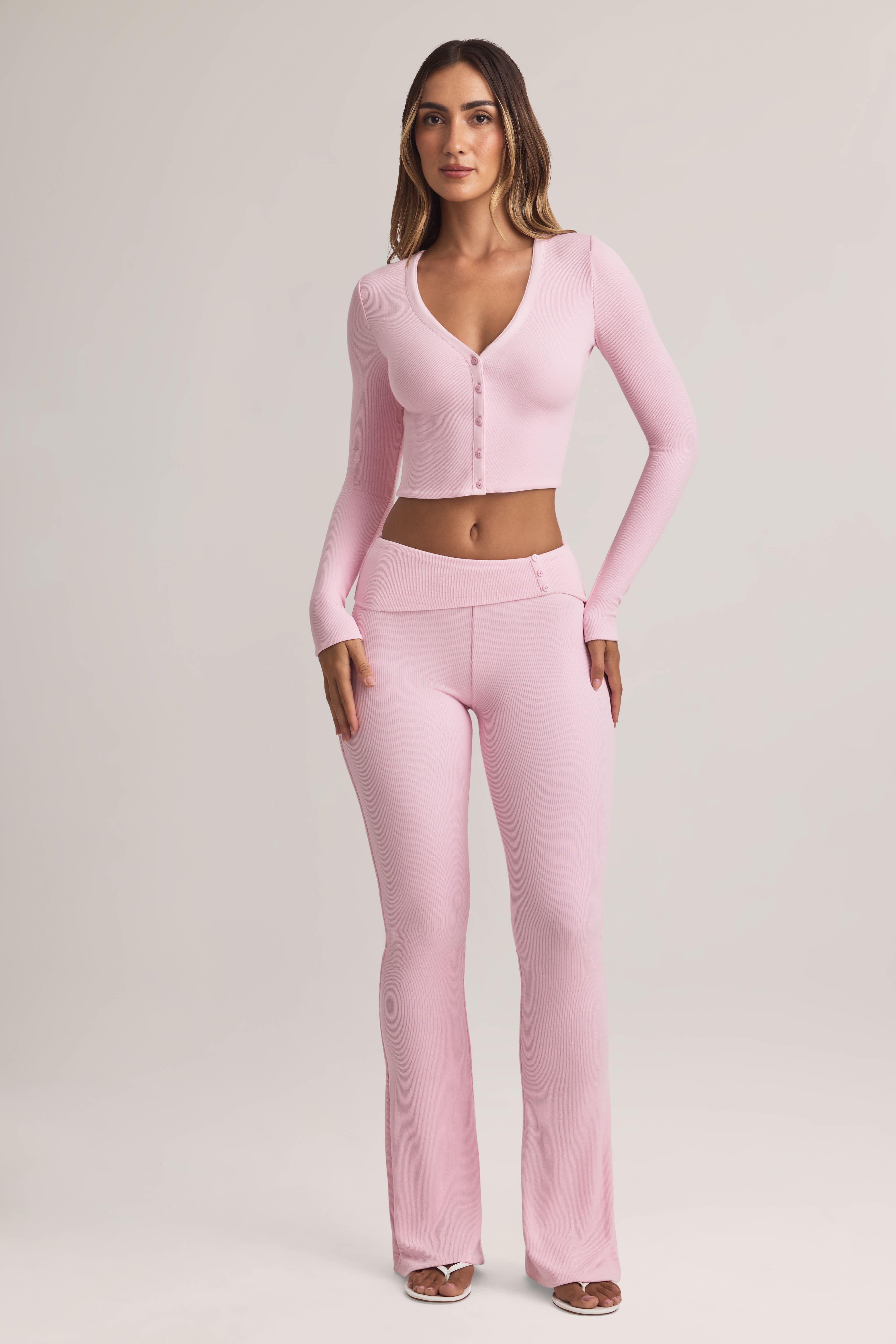Bebe-Modal Foldover Mid-Rise Flared Trousers in Pastel Pink