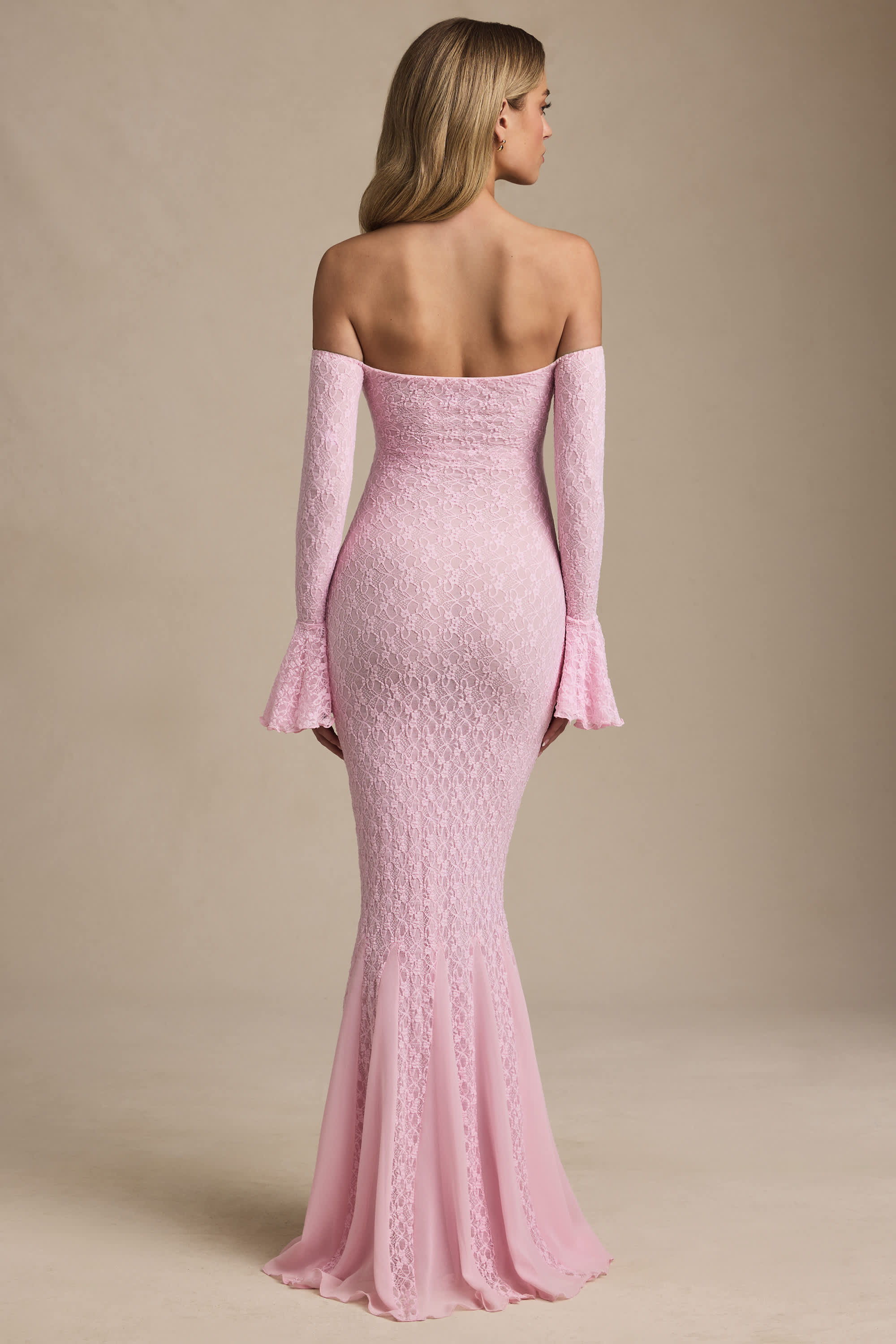 Verena-Off-Shoulder Ruffle Lace Maxi Dress in Soft Pink