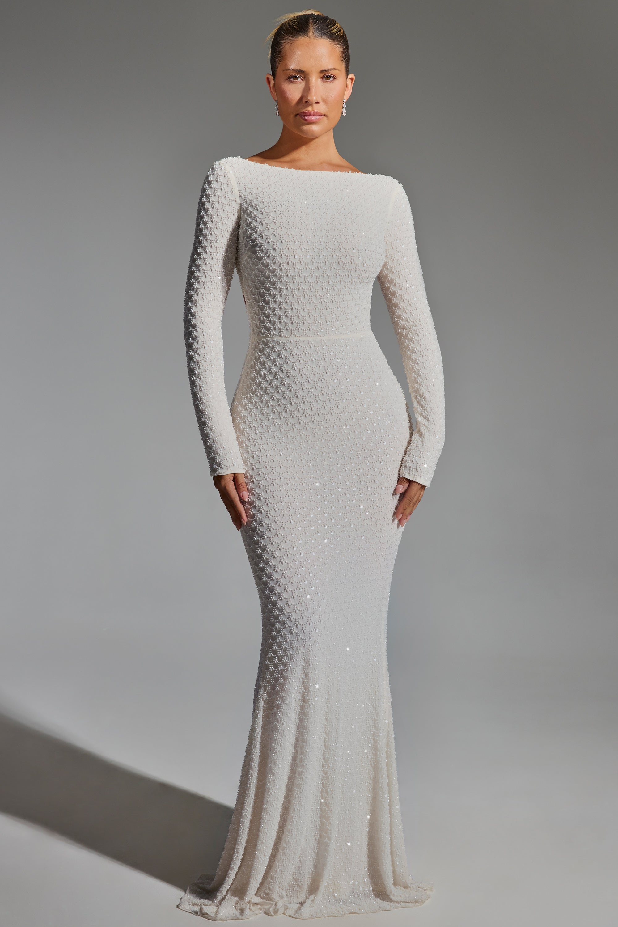 Jailene-Embellished Open-Back Gown in White