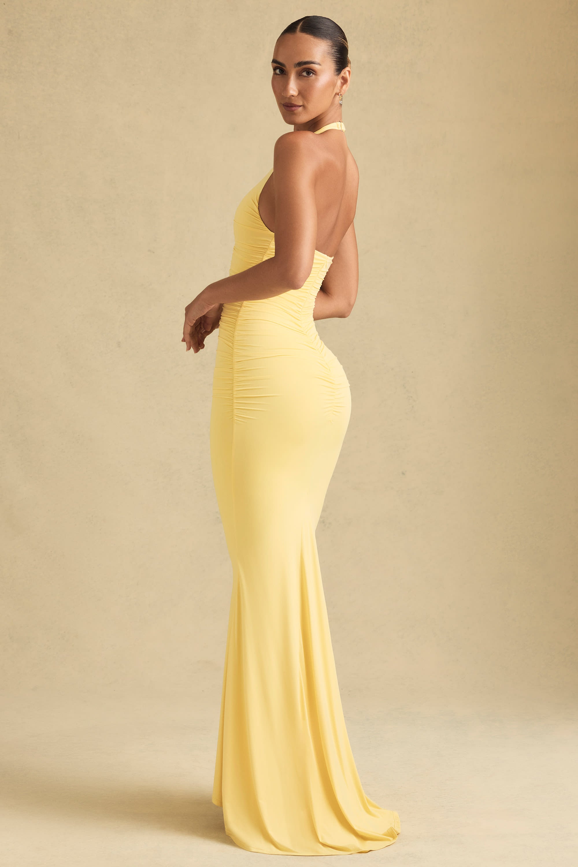 Laverna-Ruched Backless Halterneck Gown in Pastel Yellow