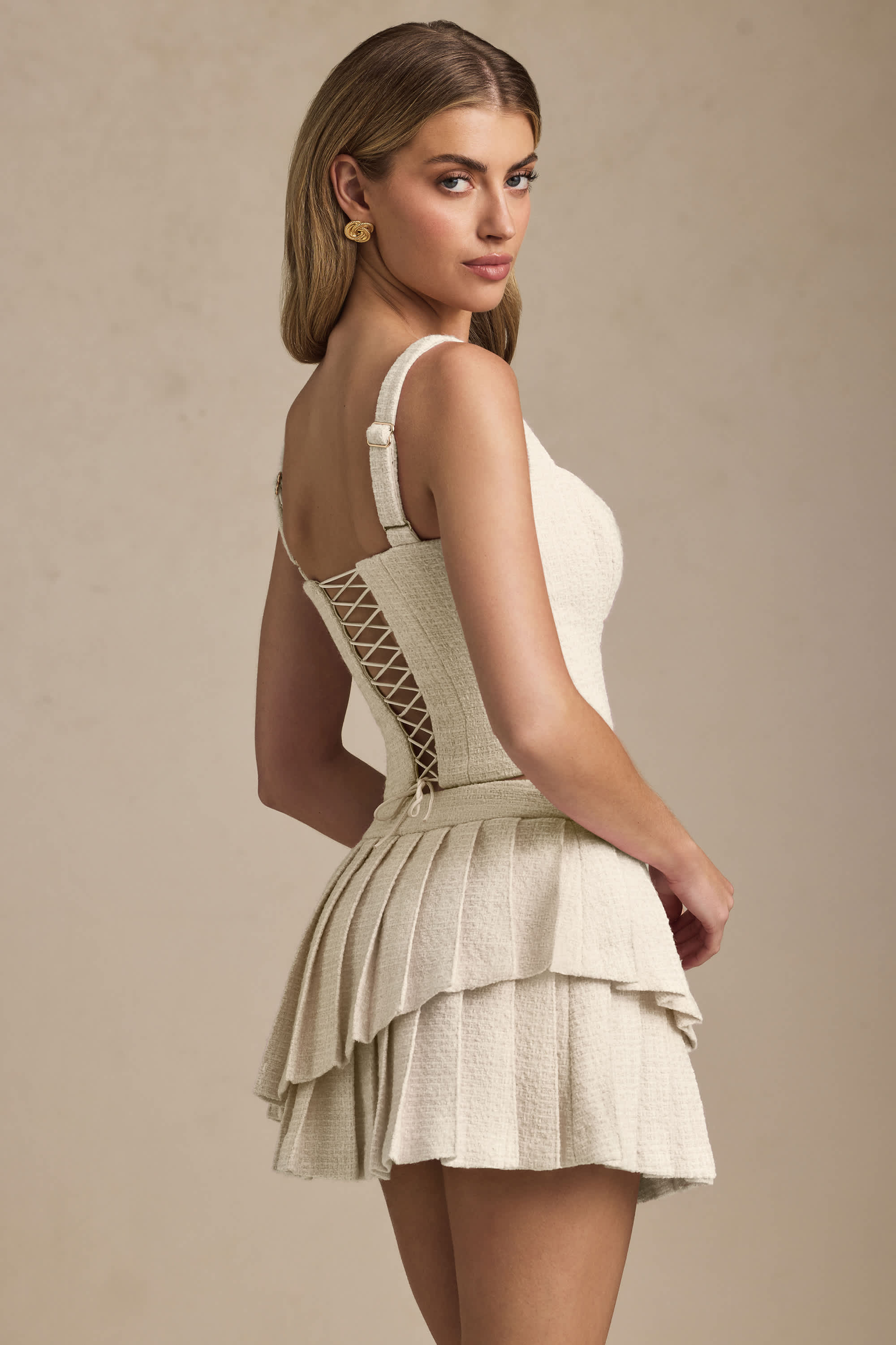 Nada-Layered Pleated Low-Rise Mini Skirt in Ivory