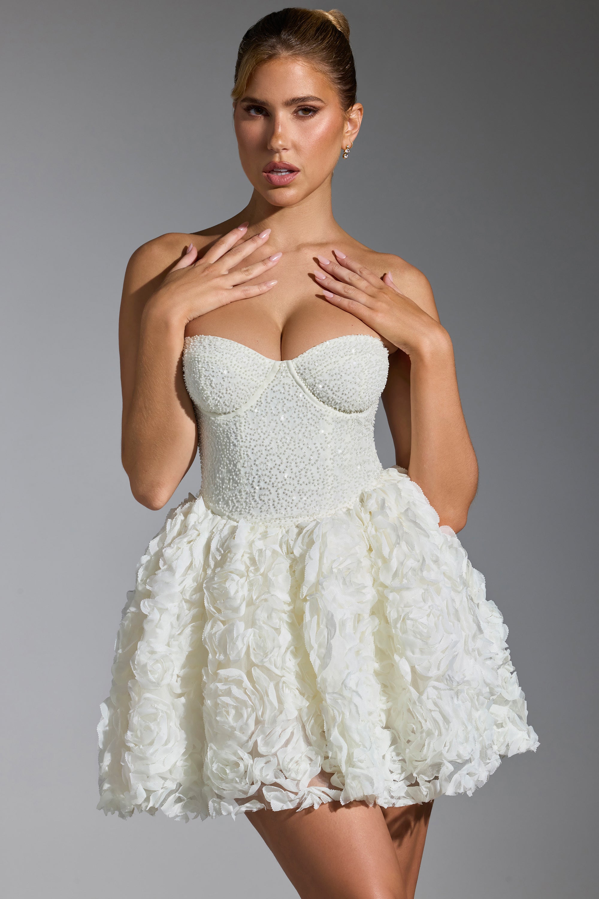 Evanthe-Embellished Floral-Appliqué Lace-Up Mini Dress in White