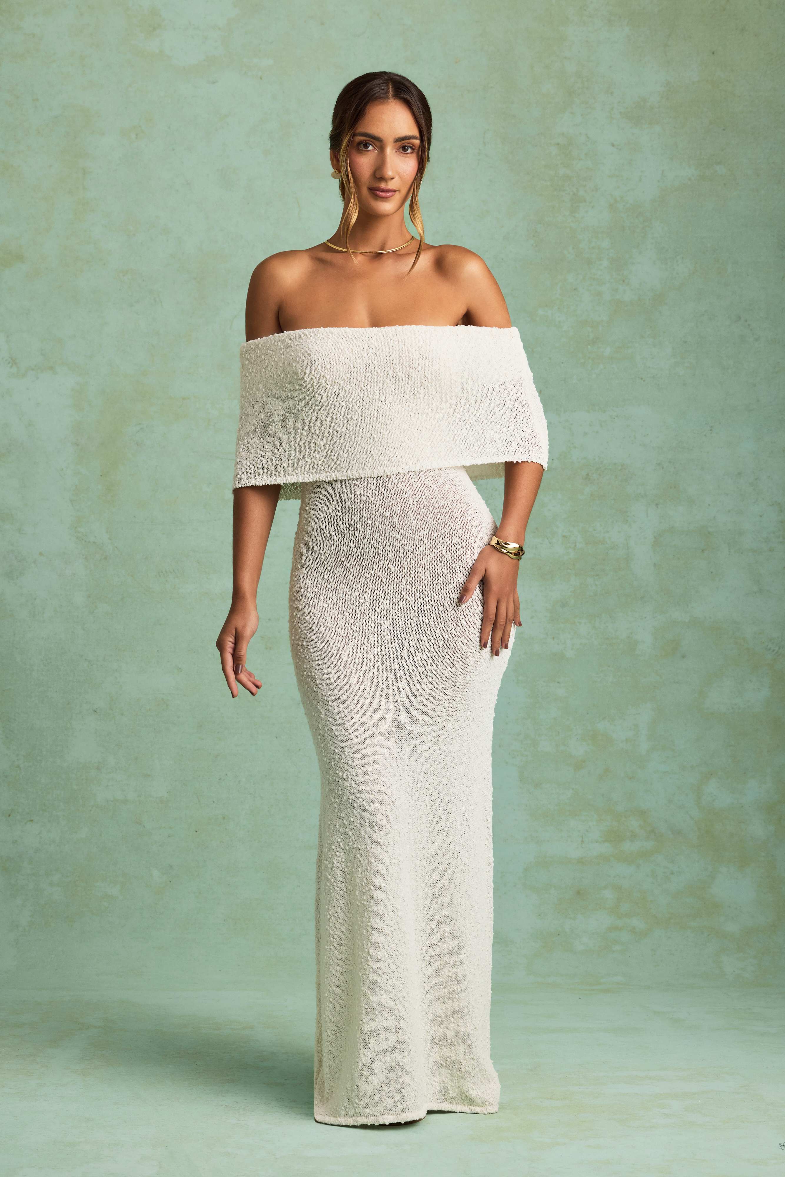 Naia-Bouclé Off-Shoulder Maxi Dress in White