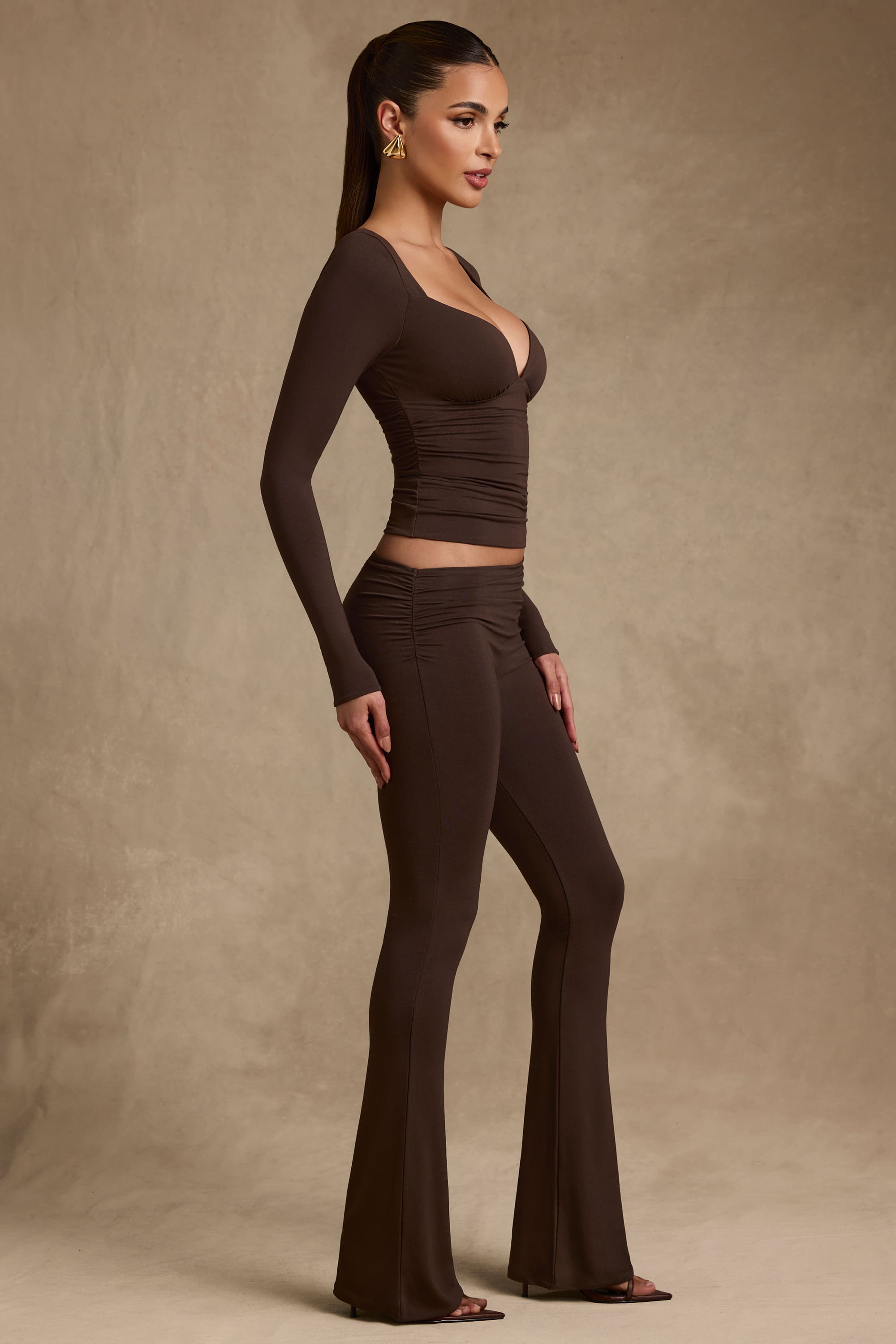 Kalei-Modal Asymmetric-Waist Flared Trousers in Chocolate Brown