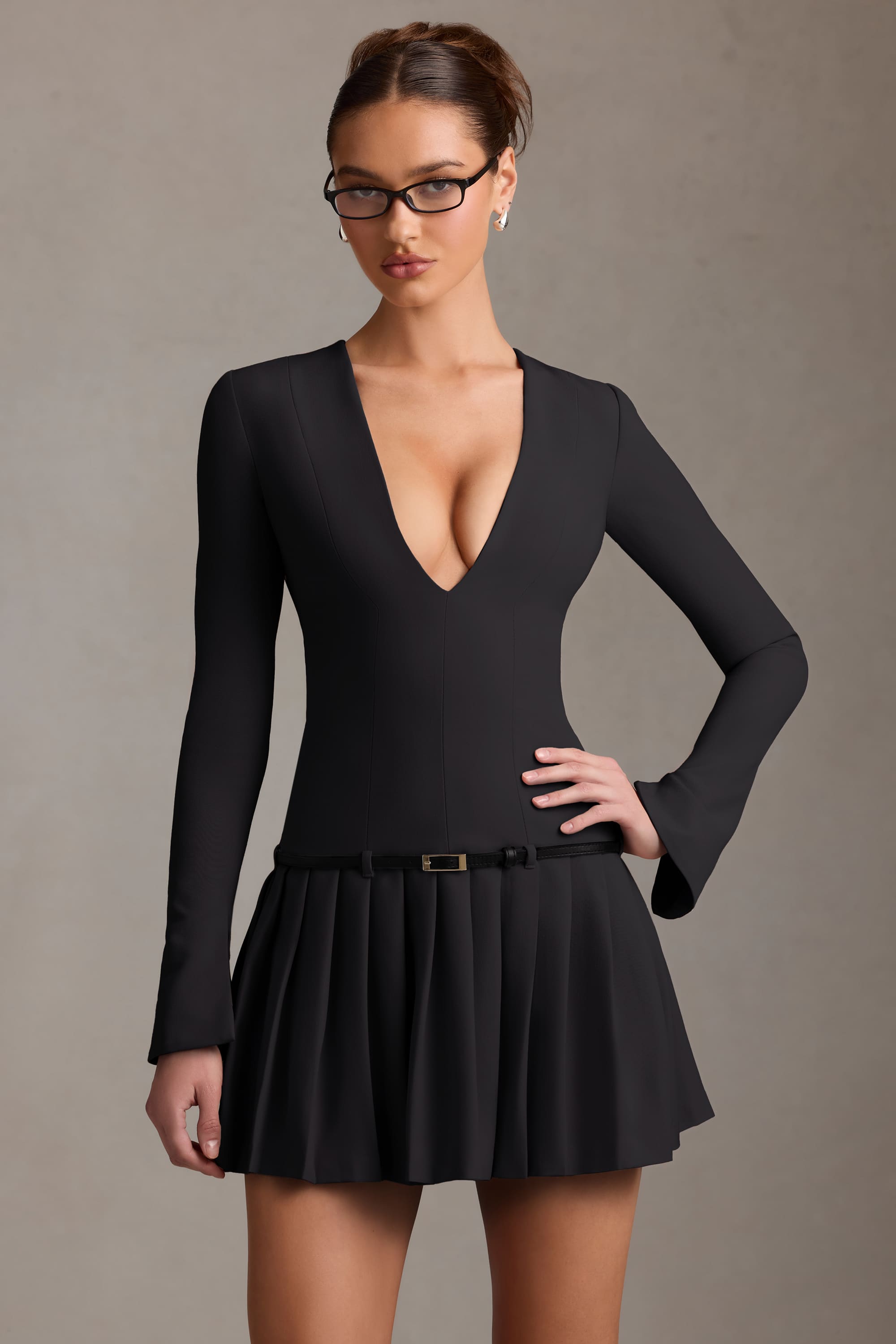 Fiorella-Long-Sleeve Pleated Mini Dress in Black