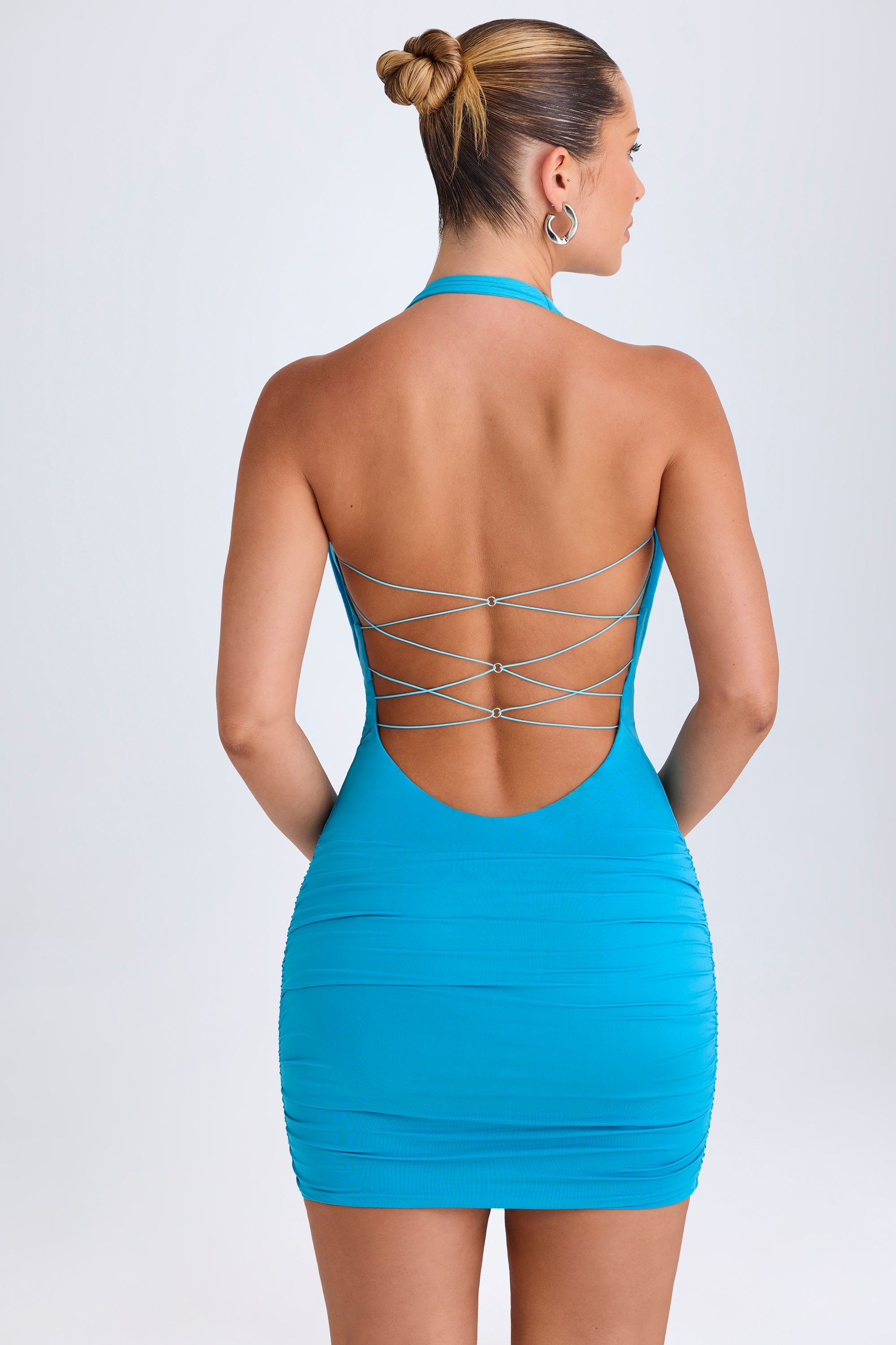 Jaylyn-Hardware Detail Cut-Out Cowl-Neck Mini Dress in Aqua Blue