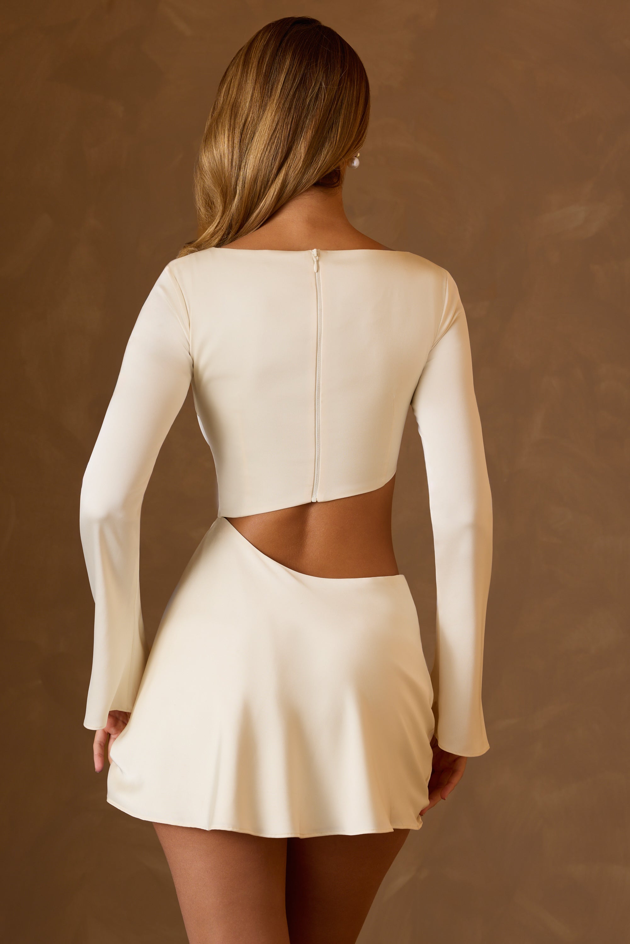 Itzela-Asymmetric Cut-Out A-Line Mini Dress in Ivory