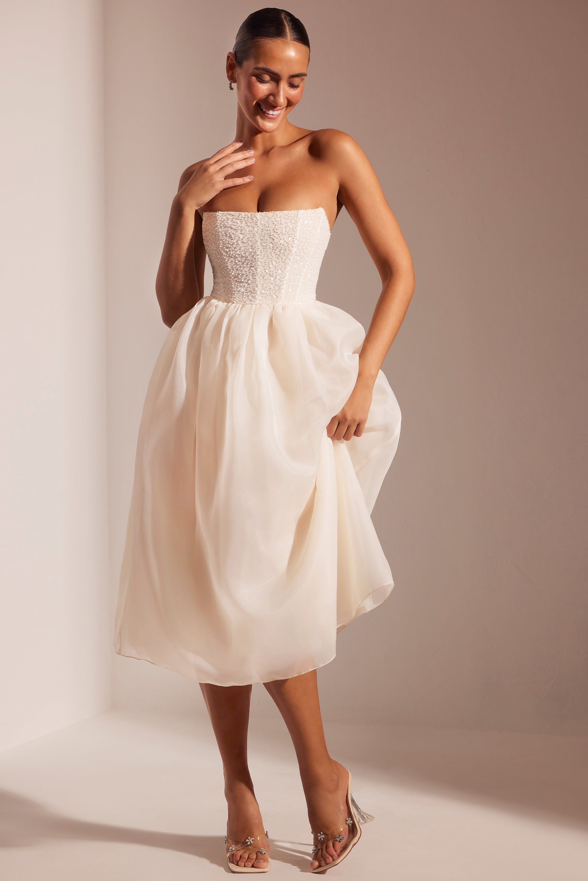 Rosette-Embellished Corset Tulle Skirt Midi Dress in Ivory