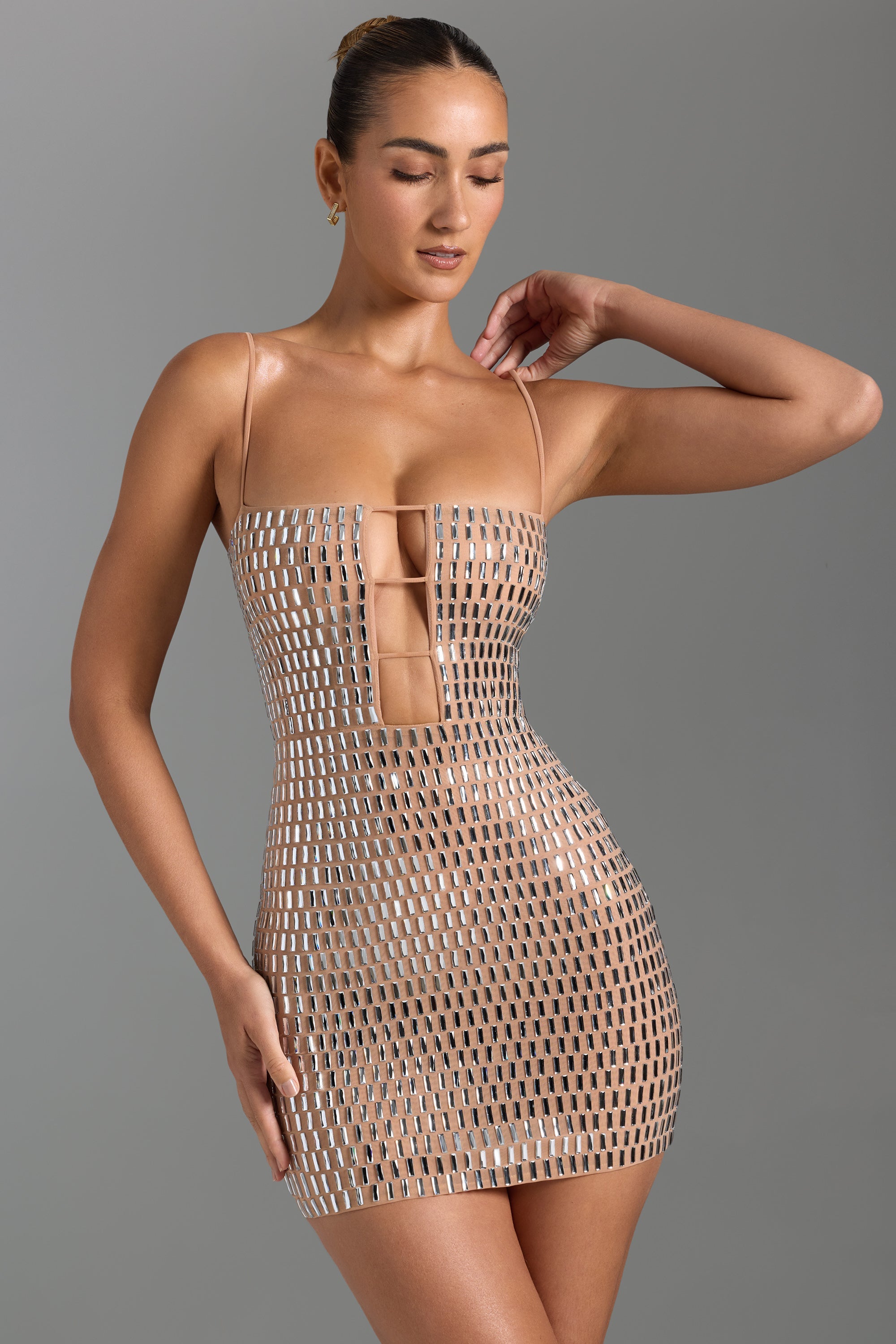 Alanni-Embellished Cut-Out Mini Dress in Honey