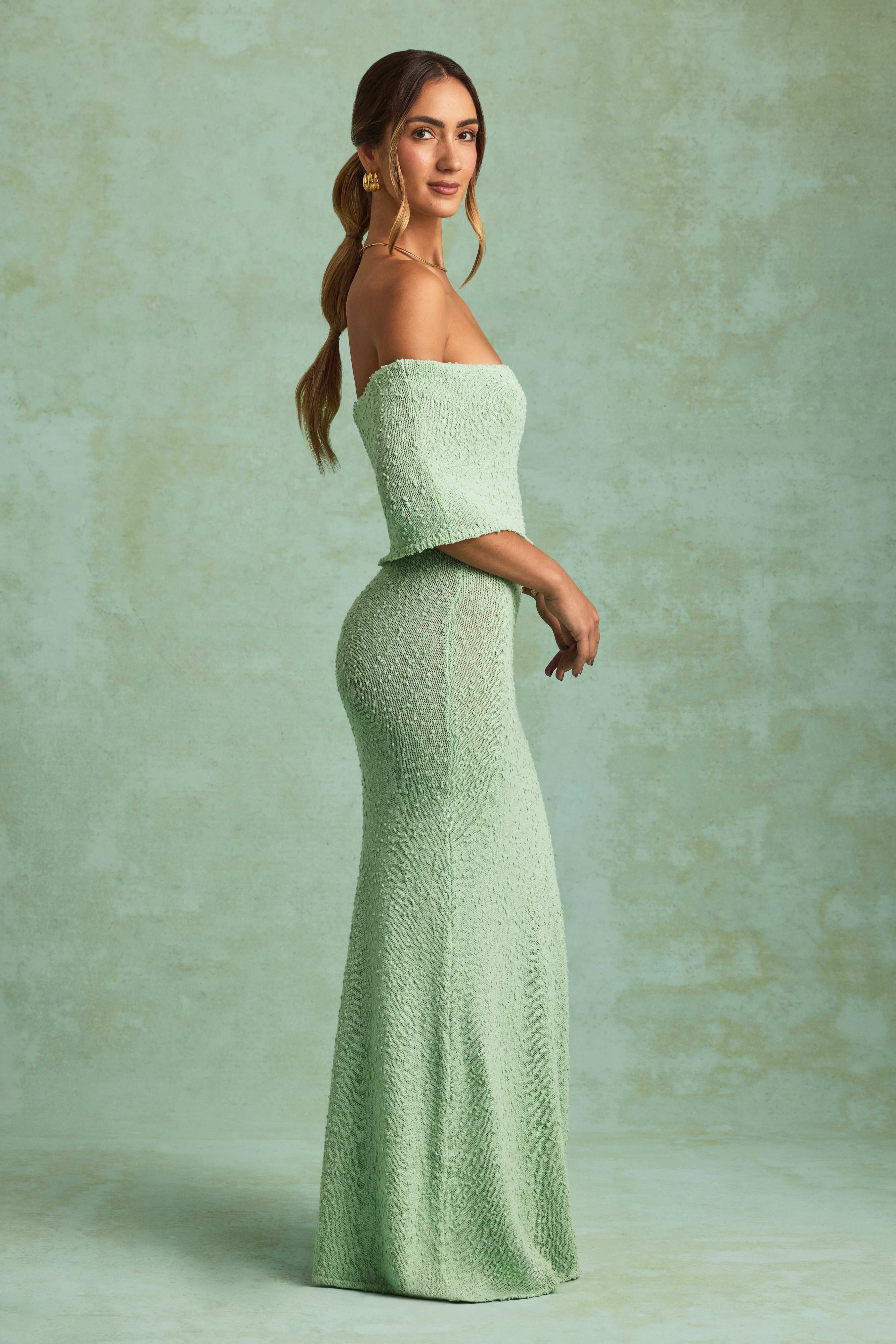 Naia-Bouclé Off-Shoulder Maxi Dress in Mint