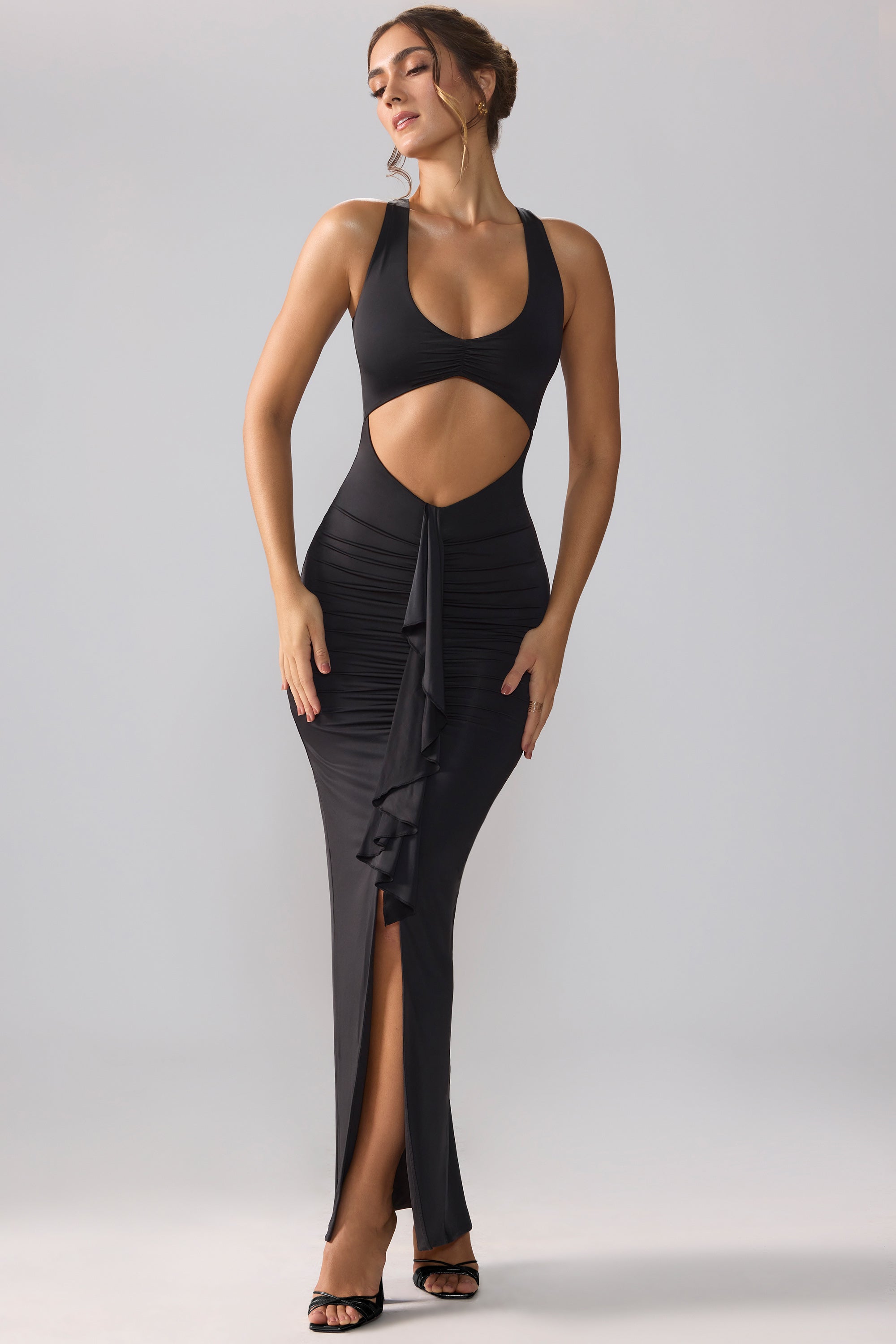 Calluna-Slinky Jersey Cut Out Ruffle Racerback Maxi Dress in Black
