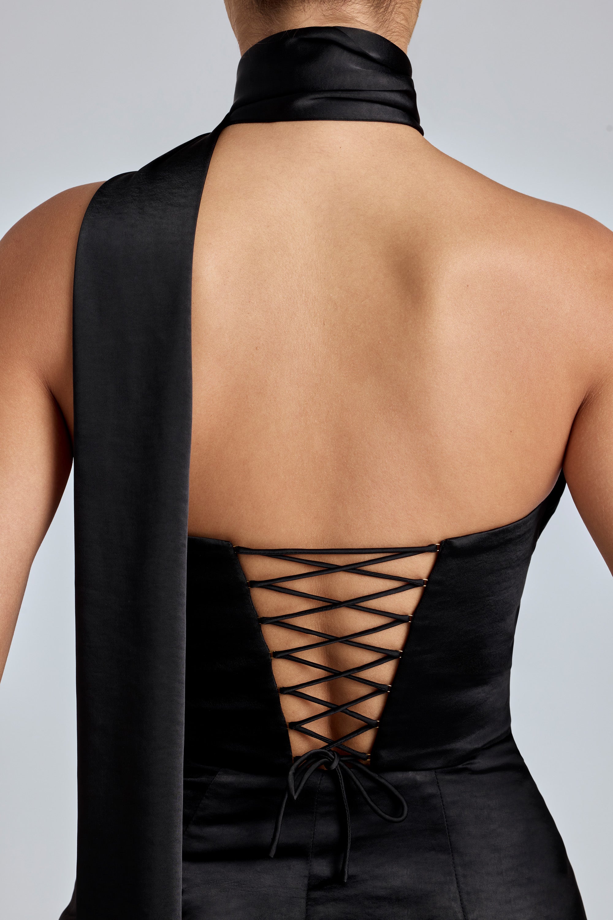 Anastasia-Draped Halterneck Satin Mini Dress in Black