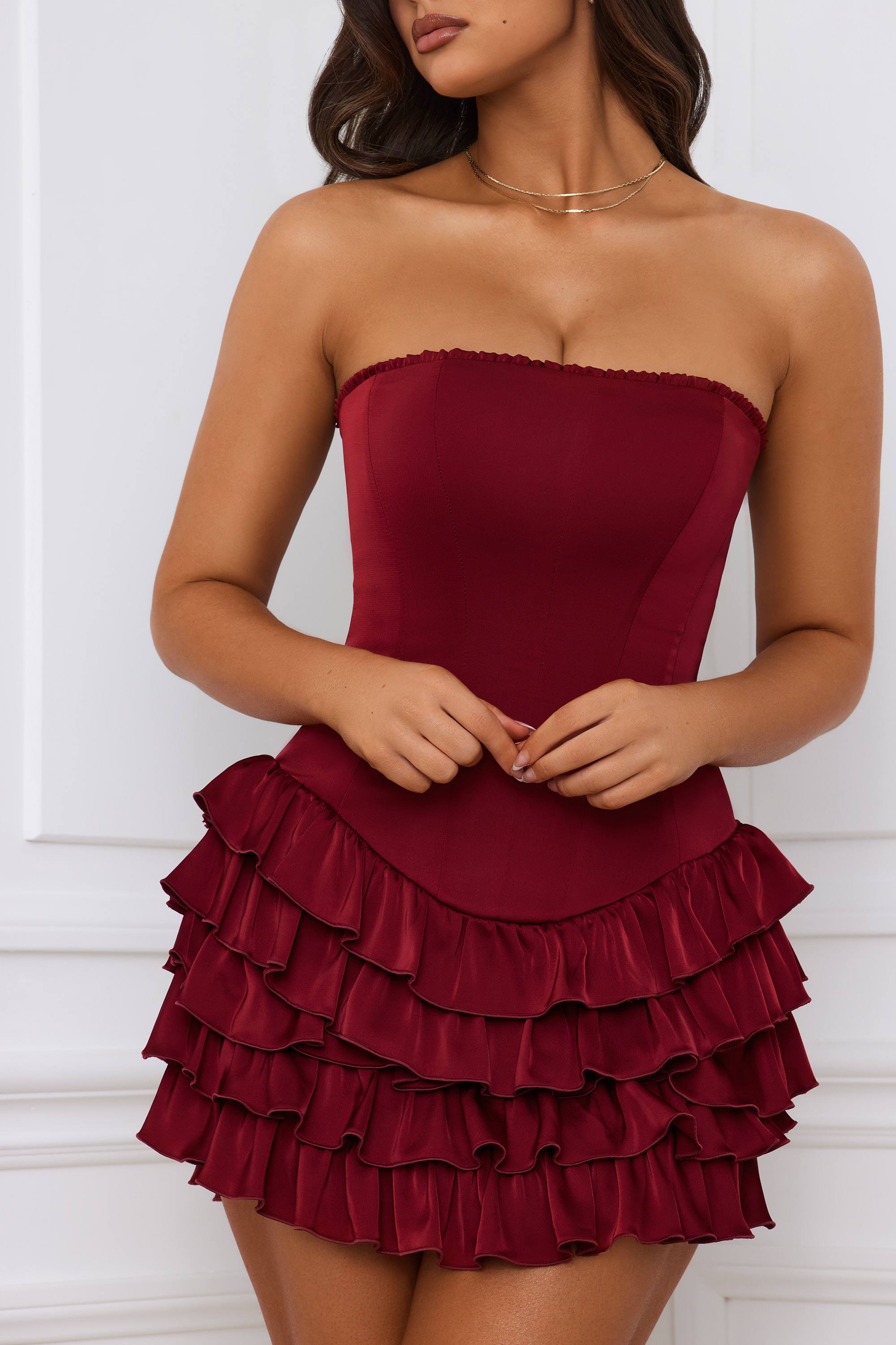 Juliet-Bandeau Ruffled Tiered Corset Mini Dress in Berry Red