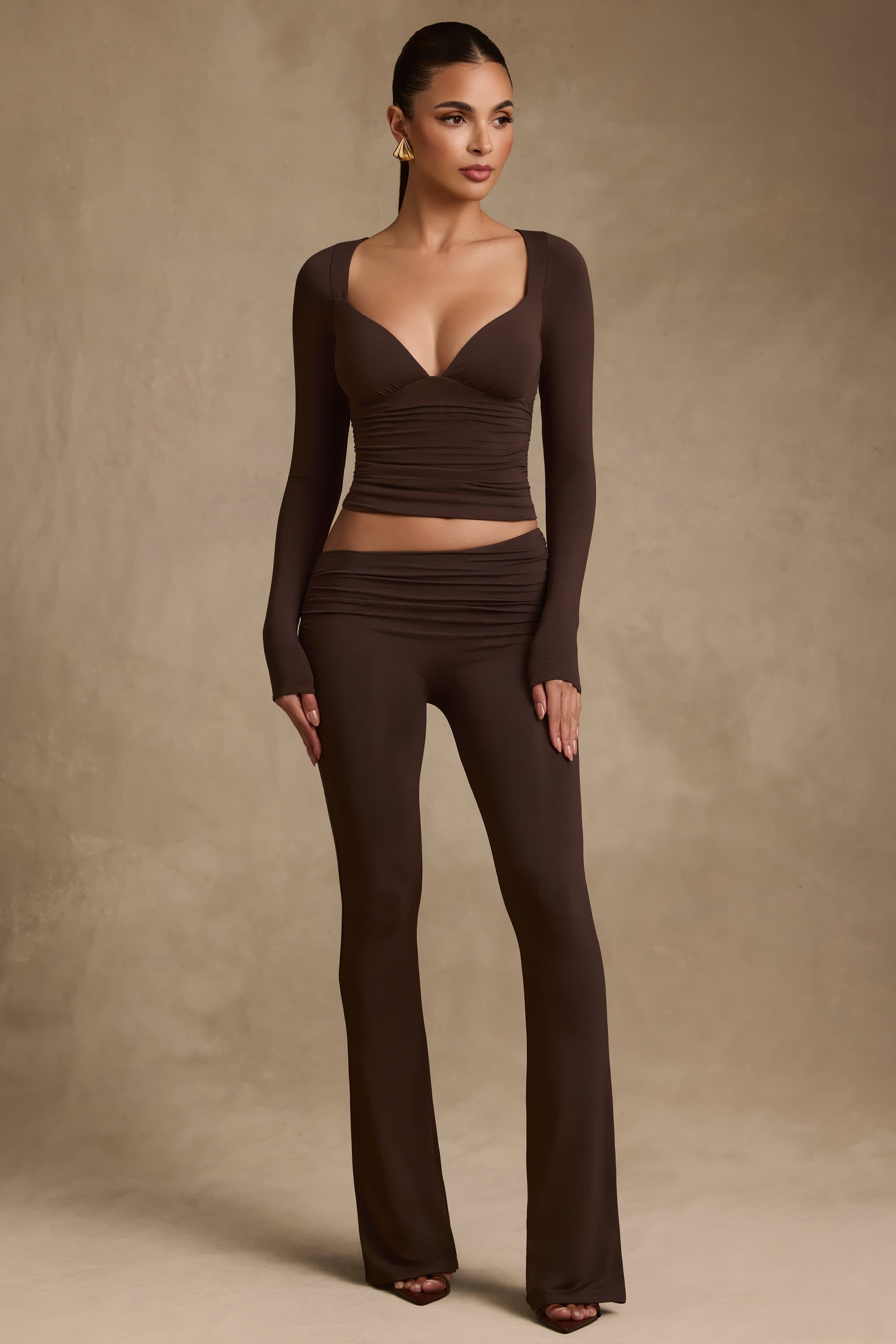 Kalei-Modal Asymmetric-Waist Flared Trousers in Chocolate Brown